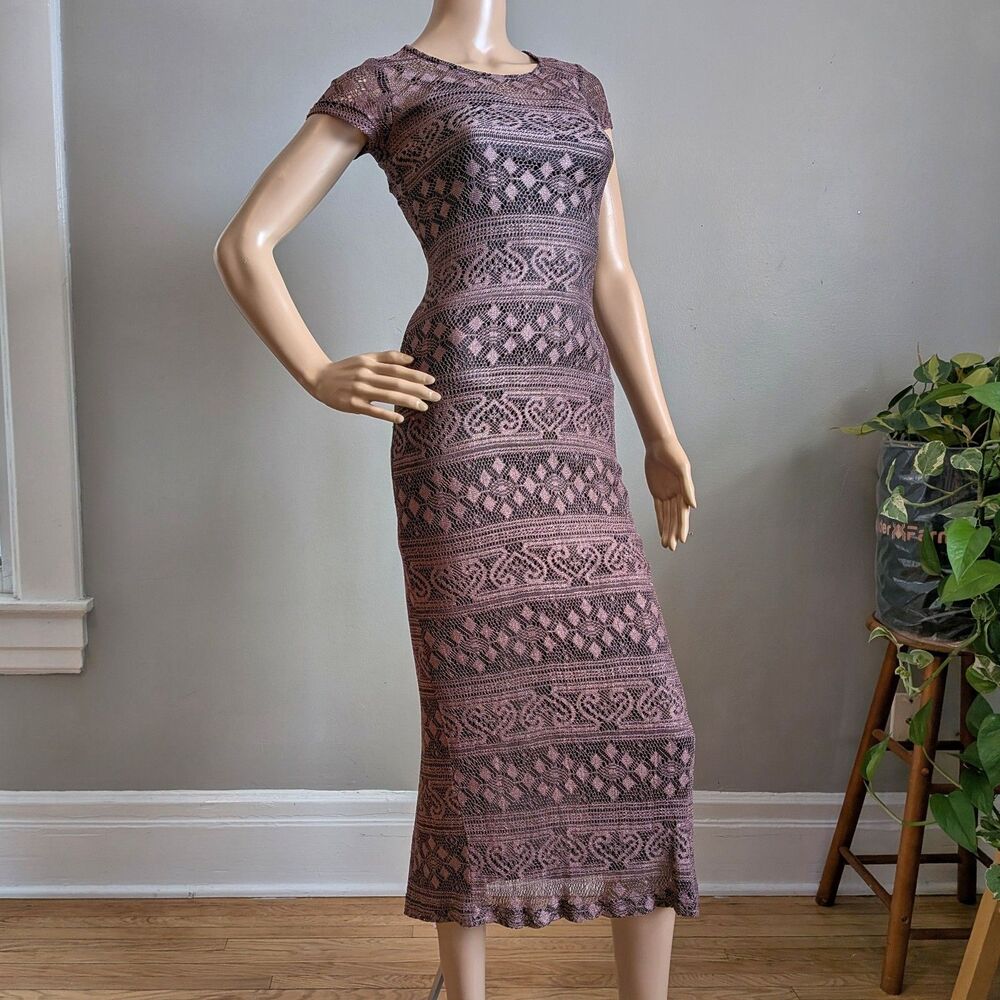 Vintage 90s Y2K Evolution (Not Revolution) Floral Crochet Midi Dress Brown S